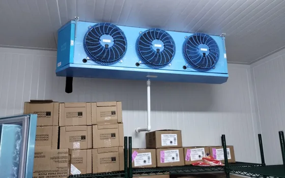 Evaporador azul montado sobre estantería con producto en una cámara de conservación
